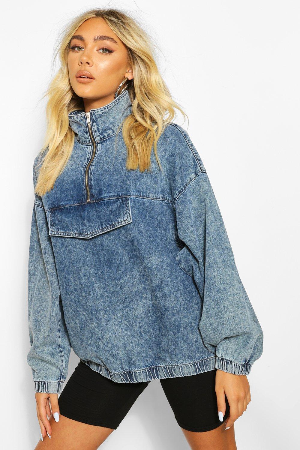 Zip Front Denim Pullover Jacket boohoo